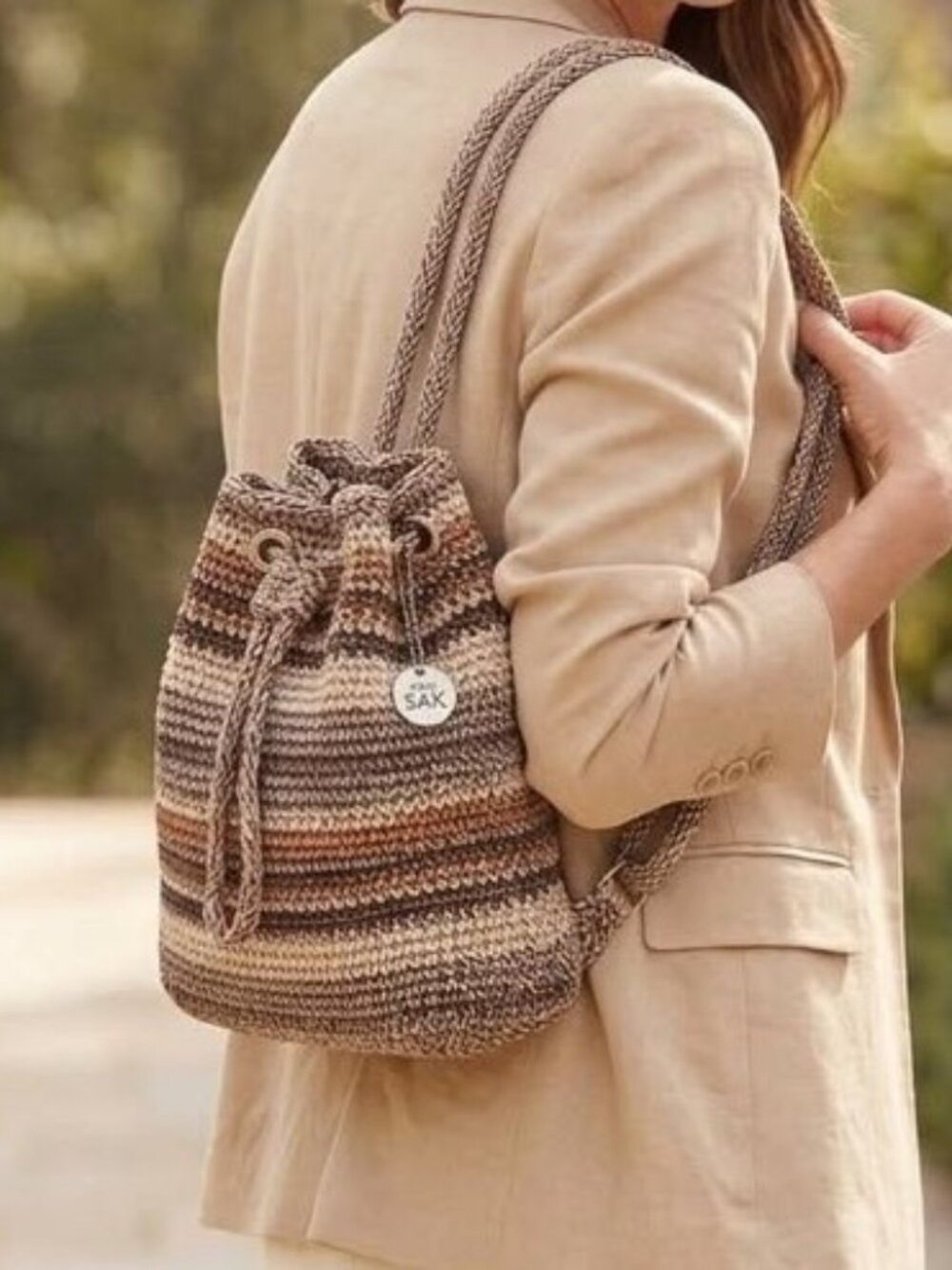 The Sak Woven Crochet Drawstring Backpack – Brown/Tan Striped – No Flaws